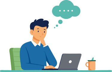 A man is sitting at a desk with a laptop and a cup of coffee