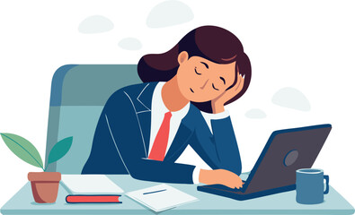 A woman in a suit is working on her laptop while looking tired