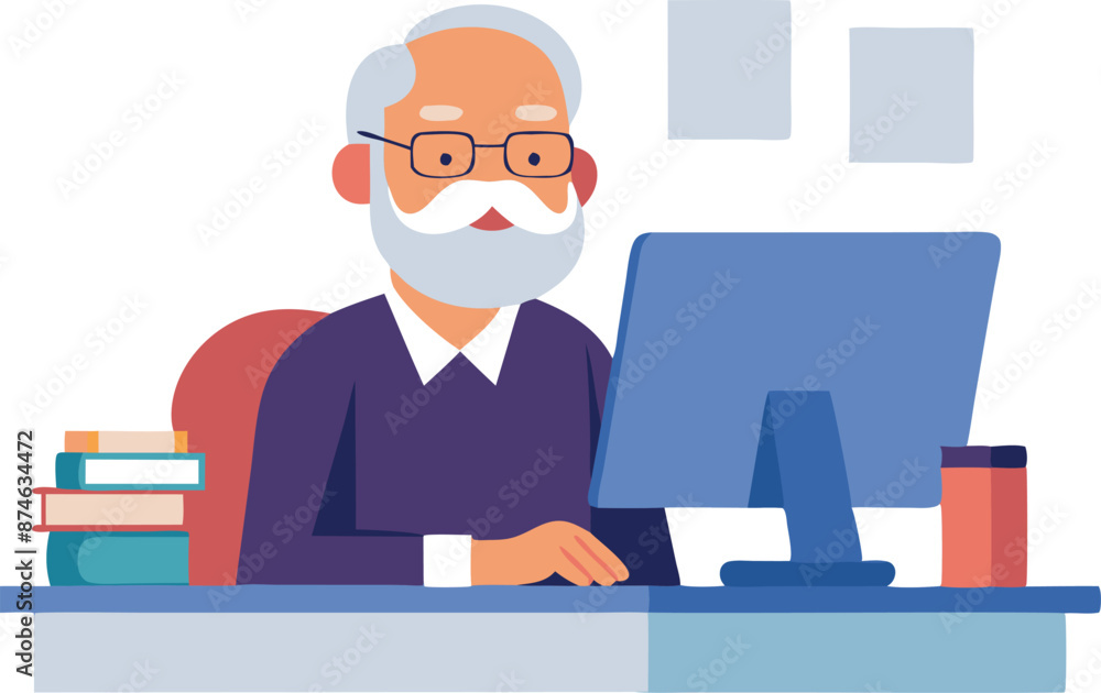 Aufkleber an older man is sitting at a desk with a computer monitor in front of him