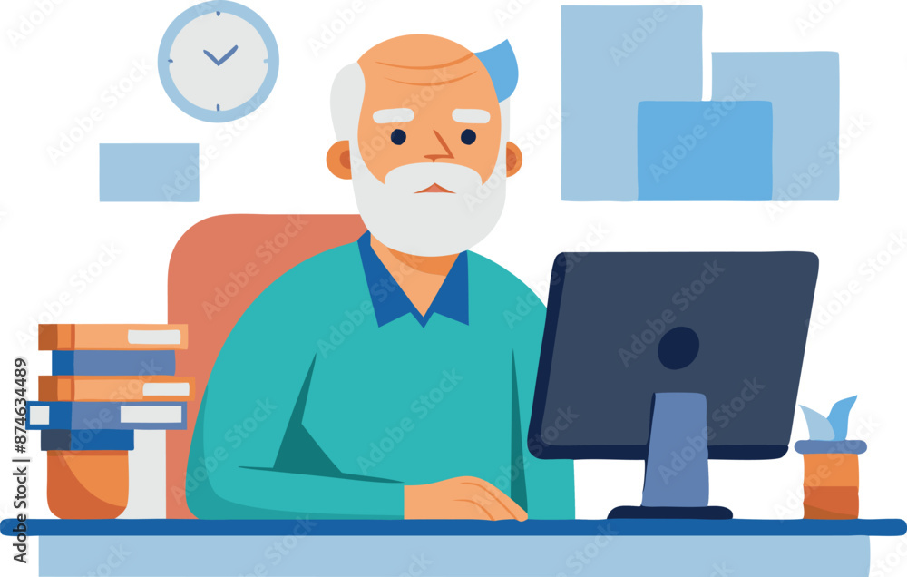Poster an older man is sitting at a desk with a computer monitor and a clock