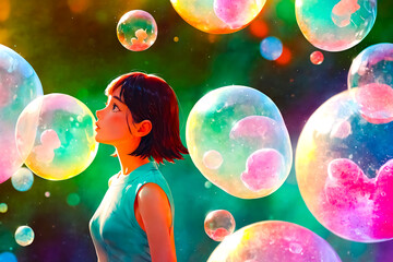Girl Gazing at Multicolored Bubbles
