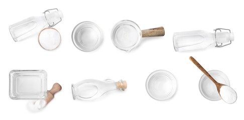 Set of vinegar in different glassware isolated on white, top view
