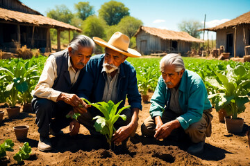 Senior Men Planting a Sapling in a Field
