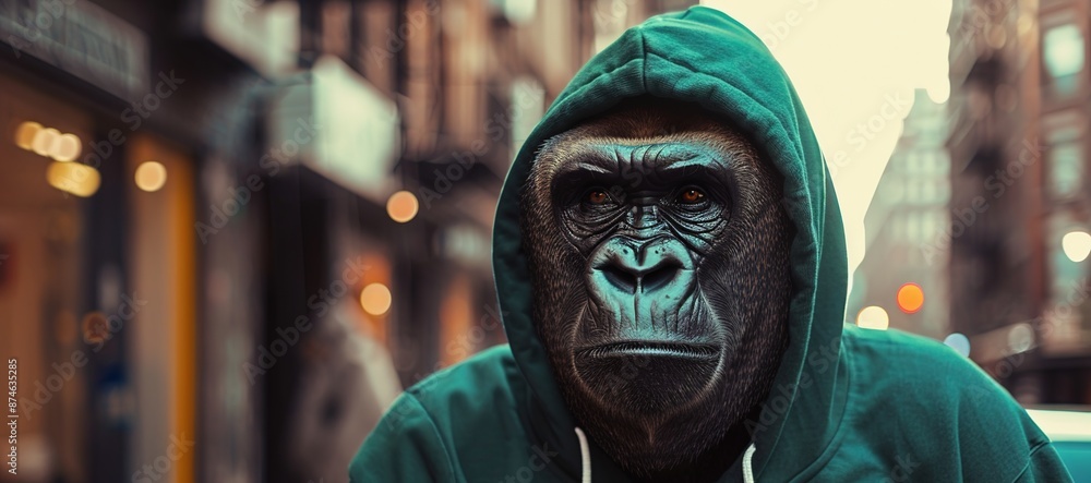 Poster anthropomorphic gorilla monkey wearing a green hoodie in downtown city street, urban underground ret