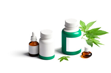 Herbal Supplements in Bottles with Green Leaves Isolated on White Background