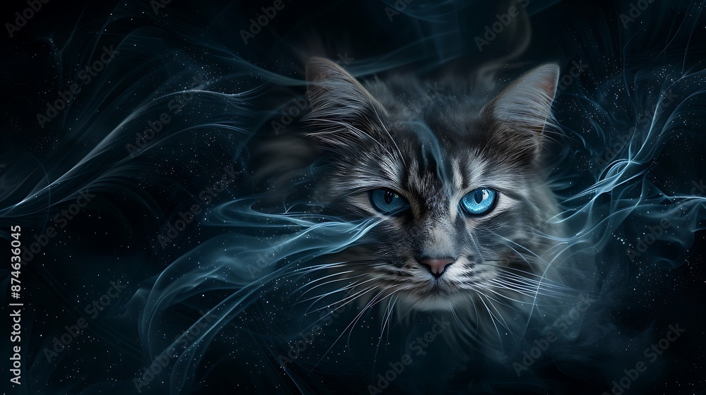 Poster a photorealistic image of a cat with fur that resembles swirling nebulae, symbolizing its connection