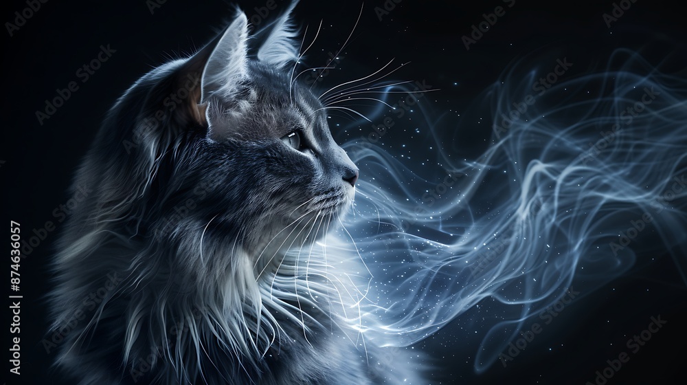 Poster a photorealistic image of a cat with fur that resembles swirling nebulae, symbolizing its connection