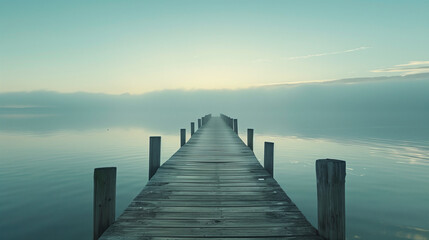 Obraz premium Serene wooden pier extending into calm lake at dawn. Misty horizon and pastel sky reflect on tranquil water. Peaceful nature scene for meditation and relaxation.
