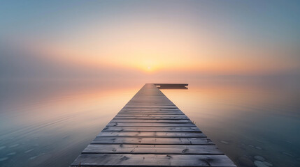 Obraz premium Serene wooden pier extending into misty lake at sunrise. Tranquil water reflection with warm golden light. Minimalist landscape capturing peaceful morning atmosphere and natural beauty.