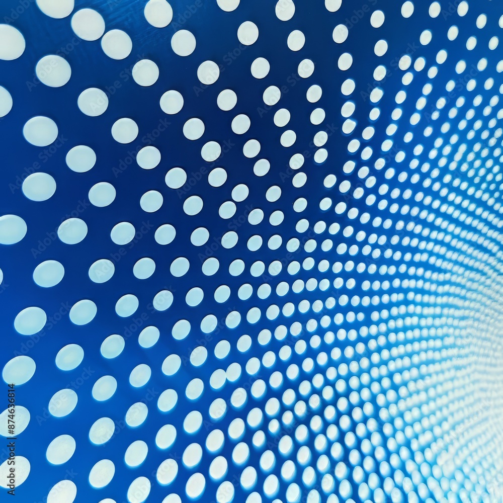 Poster blue and white polka dot pattern with a slight curve creating a tunnel effect