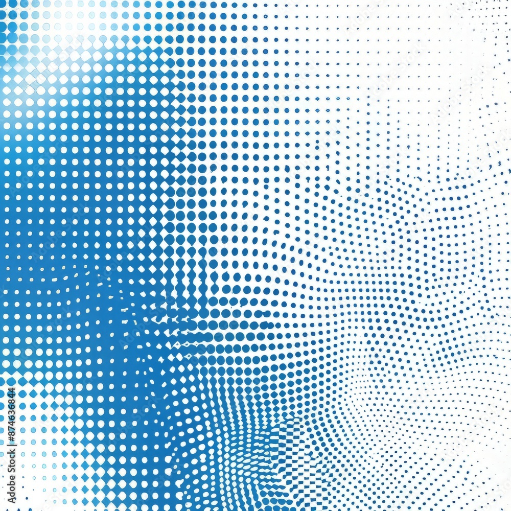 Poster blue and white halftone dotted background with a subtle geometric pattern and a faded gradient