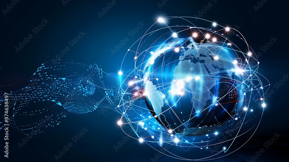 Poster a digital illustration of a globe with language symbols swirling around it, representing the power o