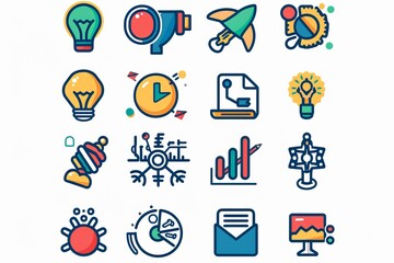 Vector creativity icons. Editable Stroke. Idea generation, concentration, problem solving, motivation, reward, vision, originality, innovation. stock illustration 