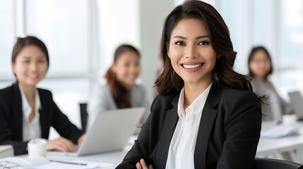 An interpreter in a corporate training session, helping employees from different countries understand the material. The professional setting includes presentation tools and engaged participants. copy