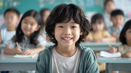 A heartwarming scene of a young student receiving language interpretation support during a classroom lesson. copy space for text, focus cover all adject, deep dept of field, nodust