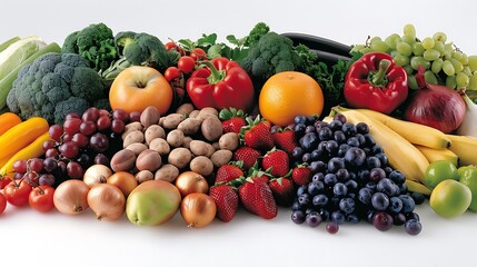 A colorful table overflowing with fresh fruits, vegetables, whole grains, and lean protein, representing a heart-healthy diet. copy space for text, focus cover all adject, deep dept of field, nodust