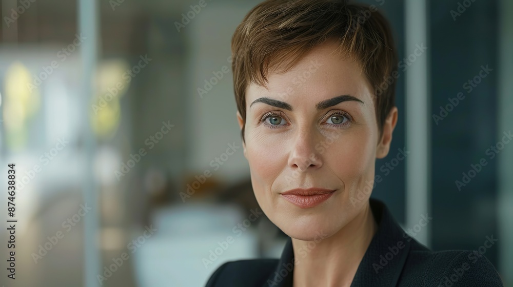 Poster attractive mature caucasian business woman with very short hair looking at the camera