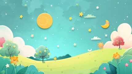 Naklejka premium Illustration cartoon drawing of a field with a moon and stars in the sky