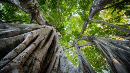 Fototapeta premium view from the ground looking towards banyan trees with wide roots, green leaves and ugly trunks generative ai