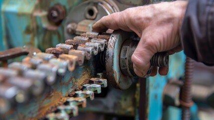 Detailed image of a drive belt tensioner with a hand adjusting the tension to ensure proper placement.