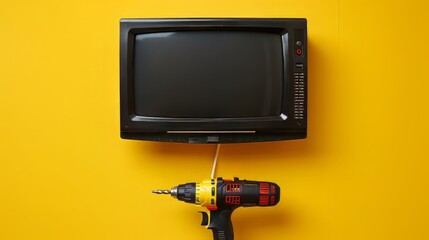 Vintage television with power drill hanging on yellow background