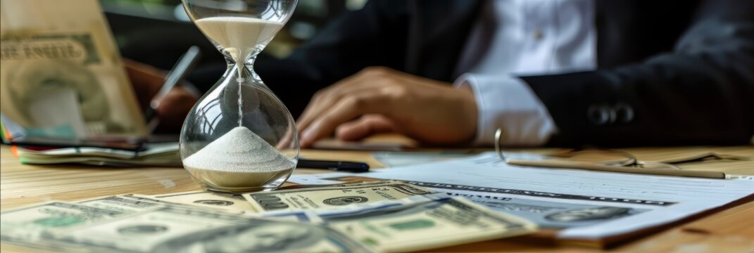 Hourglass timer and money symbolize the concept of time is money.