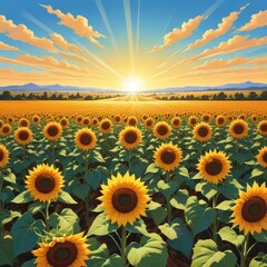 Obraz premium Sunflowers bask under the sun's glow, their golden petals shining brightly. Above, clouds line up in orderly formations, framing the vibrant field with their soft, white patterns.