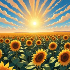 Obraz premium A field of sunflowers, illuminated by the sun, stretches endlessly. Above, clouds form neat lines in the sky, encircling the golden blooms. The scene is a radiant tapestry of yellow and blue.