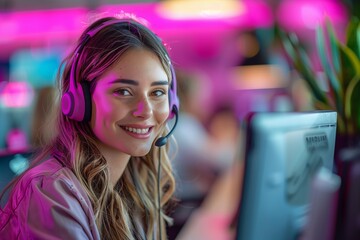 Vibrant Call Center Professional in Neon Purple Office