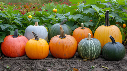 A vibrant field filled with pumpkins of various sizes and colors.