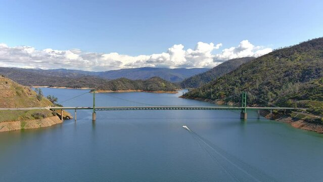 Bidwell Bar Bridge at Lake Oroville, California aerial view. 