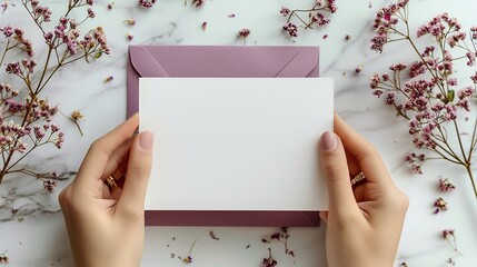 Obraz premium very peri wedding stationery set blank paper wedding invitation card mockup purple envelopes rings dried flowers on marble table.stock image