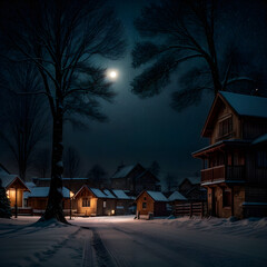 The image depicts a row of houses covered in snow under a night sky with a visible moon. It showcases a winter landscape with a tree in the background.