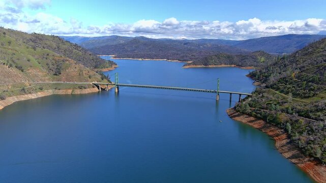 Bidwell Bar Bridge at Lake Oroville, California aerial view. 