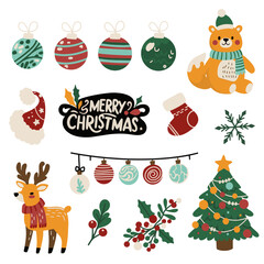A large set of icons for Christmas and New Year holidays. Flat style collection. Vector illustration of Christmas elements.