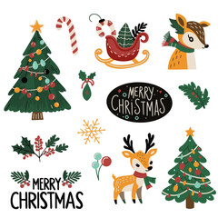 A large set of icons for Christmas and New Year holidays. Flat style collection. Vector illustration of Christmas elements.