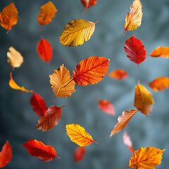 Obraz premium Colorful autumn leaves falling gently against a blurred, blue-gray background.