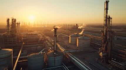 A large industrial area with many tanks and pipes. Generate AI image