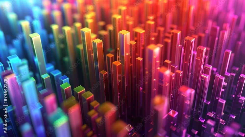 Poster abstract colorful cityscape with many buildings and a rainbow in the background