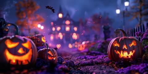Naklejka premium A variety of jackolanterns with unique and creative designs on a mysterious purple backdrop with a spooky haunted house in the background