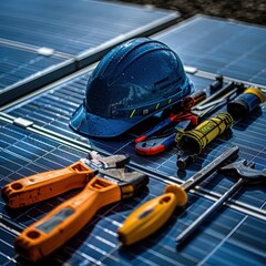 A blue hard hat sits on top of a pile of tools. The tools include a pair of pliers, a wrench, and a screwdriver. Concept of construction or repair work