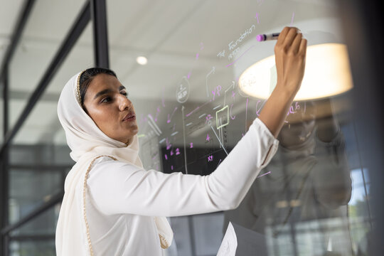 Writing on glass board, businesswoman brainstorming ideas in modern office