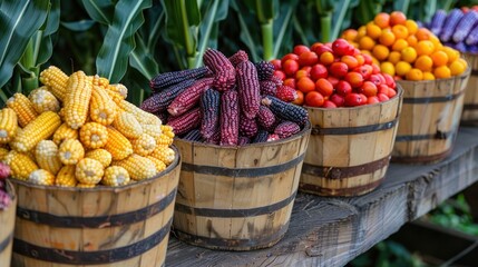 Colorful Corn and Fruit in Wooden Buckets