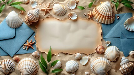 nautical save the date cards mockups blue envelopes seashell on beige background wedding invitation card templates flat lay top view copy space.stock photo