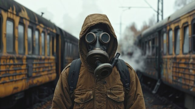 A man in a gas mask stands in front of a train