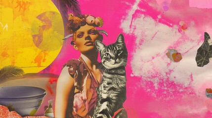 Fototapeta premium A vibrant collage featuring a cat, a woman in a bikini, and abstract elements on a beach background