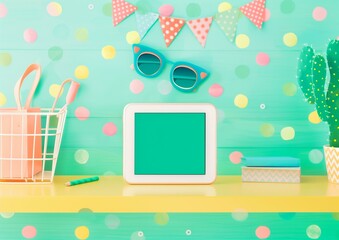 Bright and Colorful Party Desk Setup with Blank Digital Screen and Festive Decorations Illustrative Image