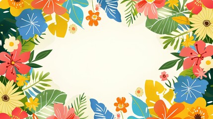 Obraz premium Colorful floral frame background vector illustration with white space in the center for text or design, colorful cartoon style