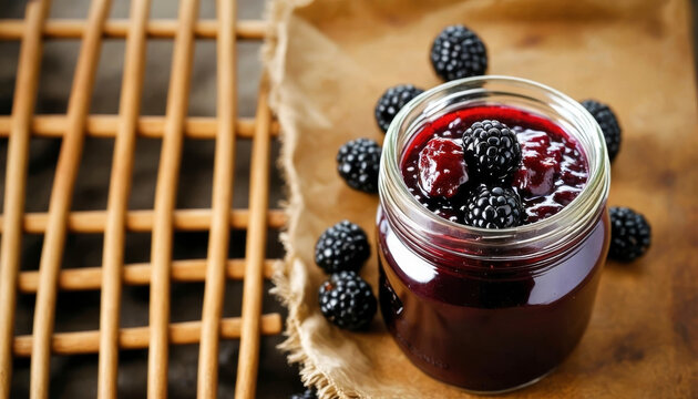 Pote de geleia de amora, sobre madeira, tecido r&uacute;stico e grade r&uacute;stica de madeira