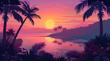 Tropical beach sunset with palm trees and sea landscape. Beautiful colorful sunrise in the sky over ocean water, jungle foliage scene